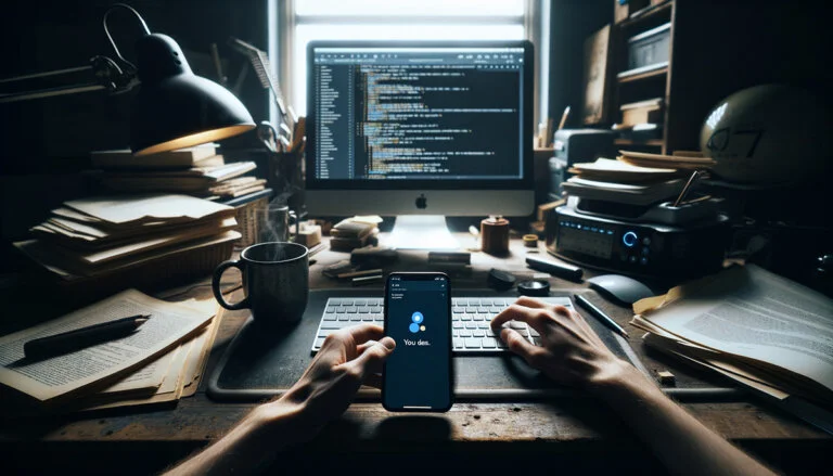 Dark desk showing a man holding a phone infront if a computer.
