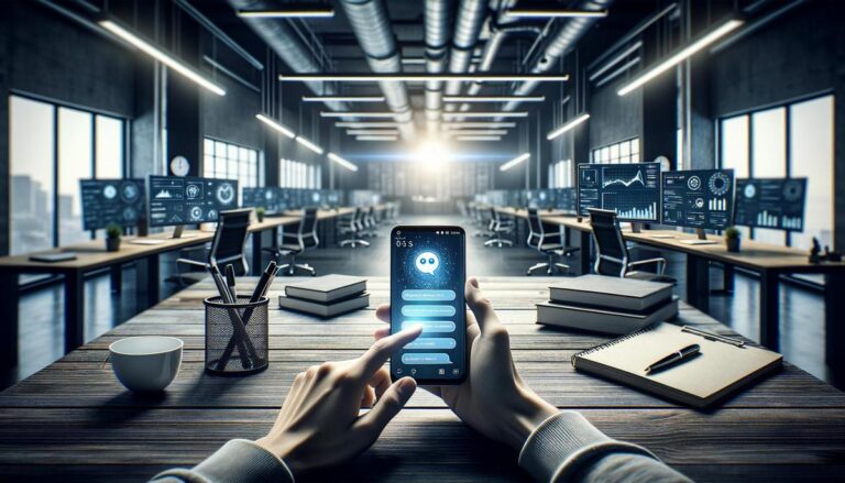 Hands on desk with smartphone displaying AI chat bubbles in a modern office setting.