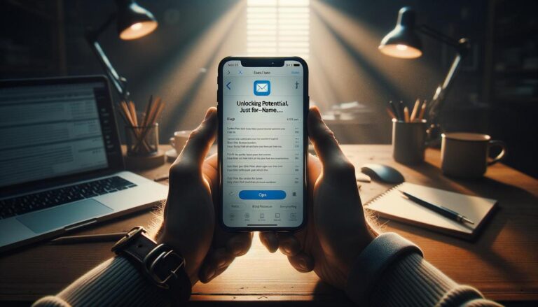 Hands holding an iPhone with a draft email open, set on a desk in soft daylight.