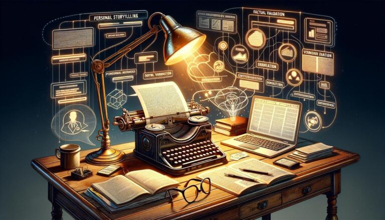 Vintage desk with typewriter, annotated print media, and tech for blending storytelling with fact-checking.