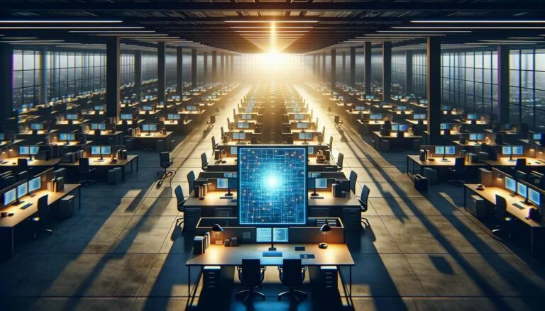 Dimly lit office with glowing AI system screen symbolizing innovation and efficient automation.