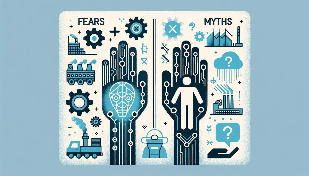 Infographic contrasting AI fears with positive assurance: robots, job concerns vs. coexistence, and safety.