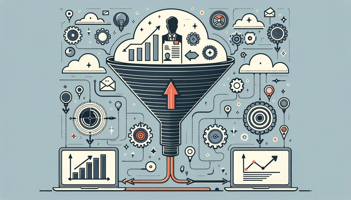 Infographic: Data funnel and types flowing into gear for insights; AI face with feedback loop in blue and green tones.