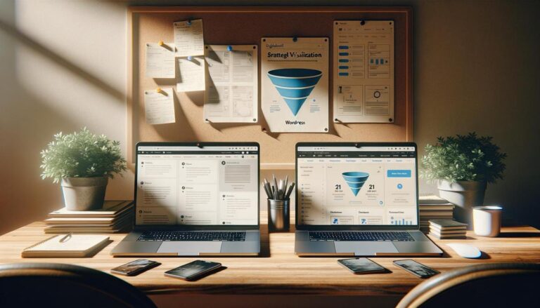 Two laptops with WordPress and GoHighLevel on a desk, soft light, muted office colors, and a touch of green.