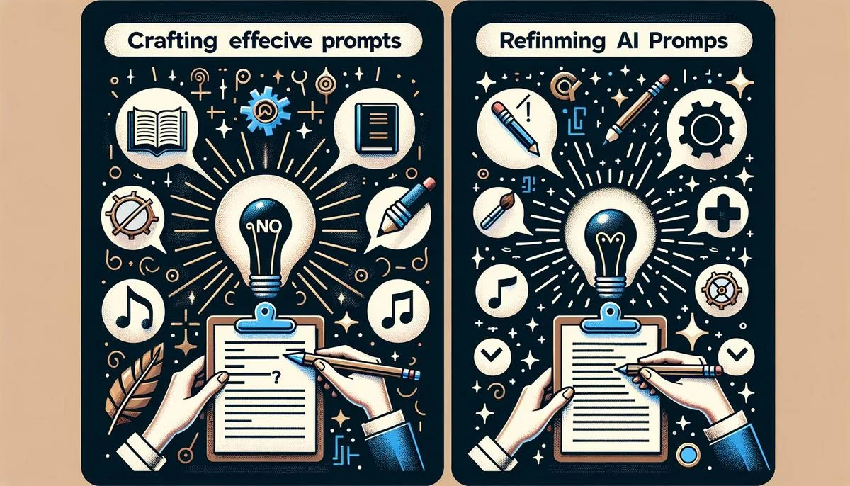 Infographic with light bulb, speech bubbles, pencil refining text, and clipboard with checkmarks for AI prompts creation.