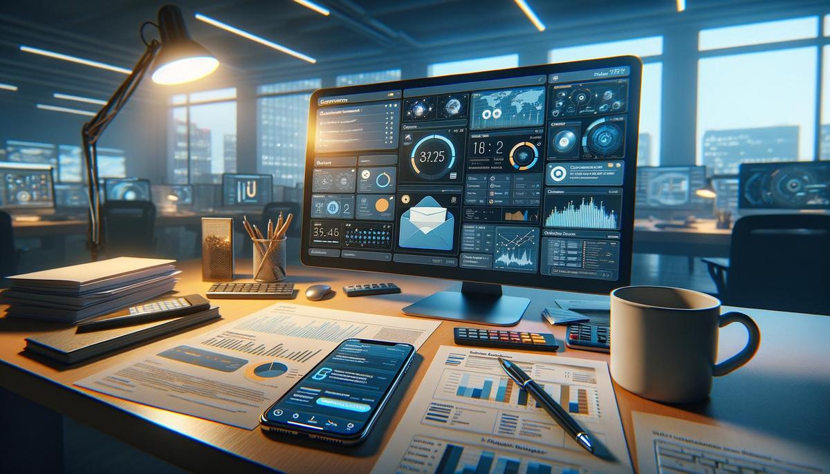 Elevated view of a desk with an AI-enhanced dashboard on a smartphone amidst office supplies.