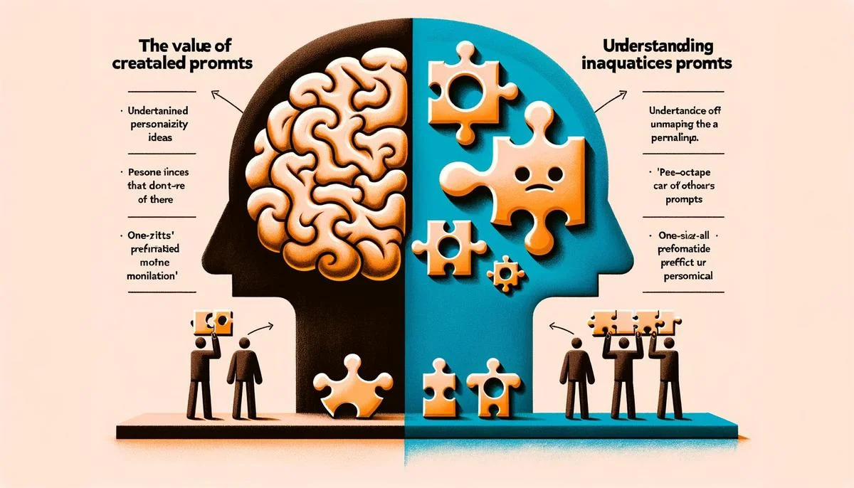 Infographic contrasting creative brain puzzles and handcrafted prompts with one-size-fits-all signs and mismatched shapes.