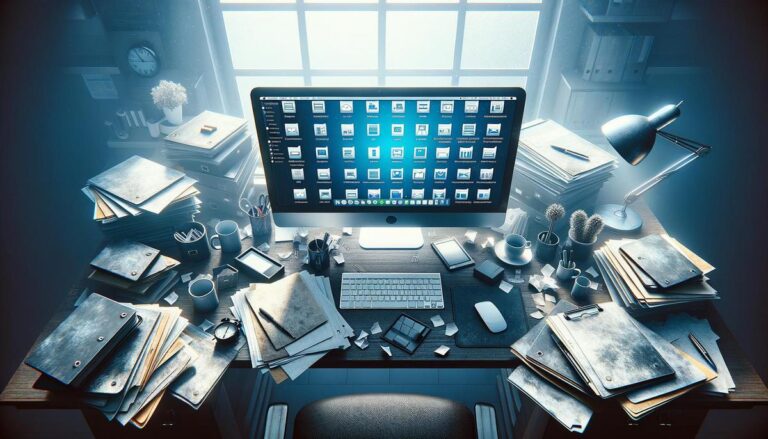 Cluttered office desk with a computer screen displaying an organized digital filing system.