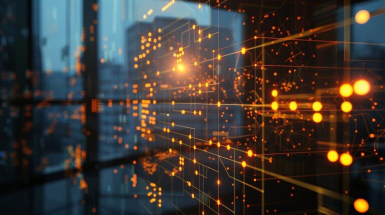 Abstract digital network overlaid on a cityscape at dusk with glowing nodes and lines.