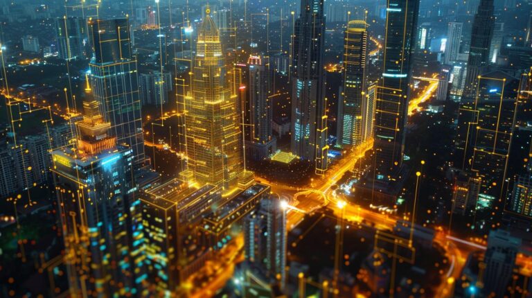 Aerial view of a vibrant cityscape at night with illuminated skyscrapers and bustling traffic.