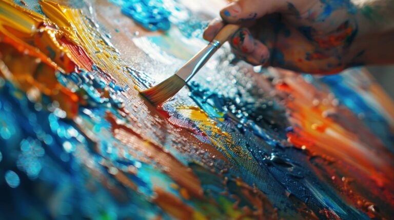 Close-up of an artist's hand painting a colorful canvas with a brush.