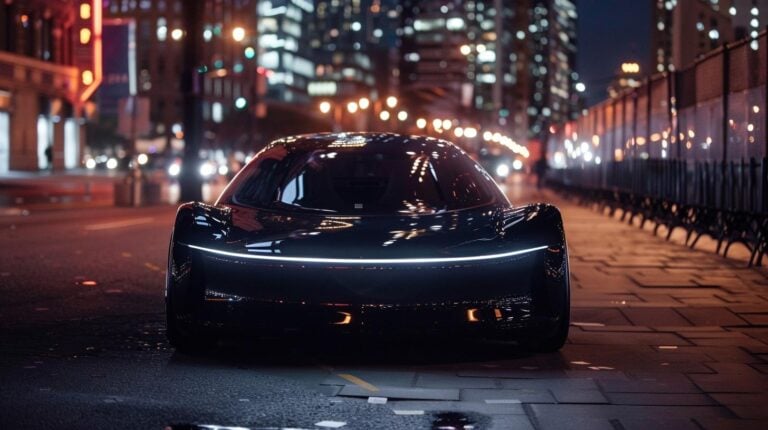 Black futuristic electric car on urban city street at night with glowing lights and reflections.