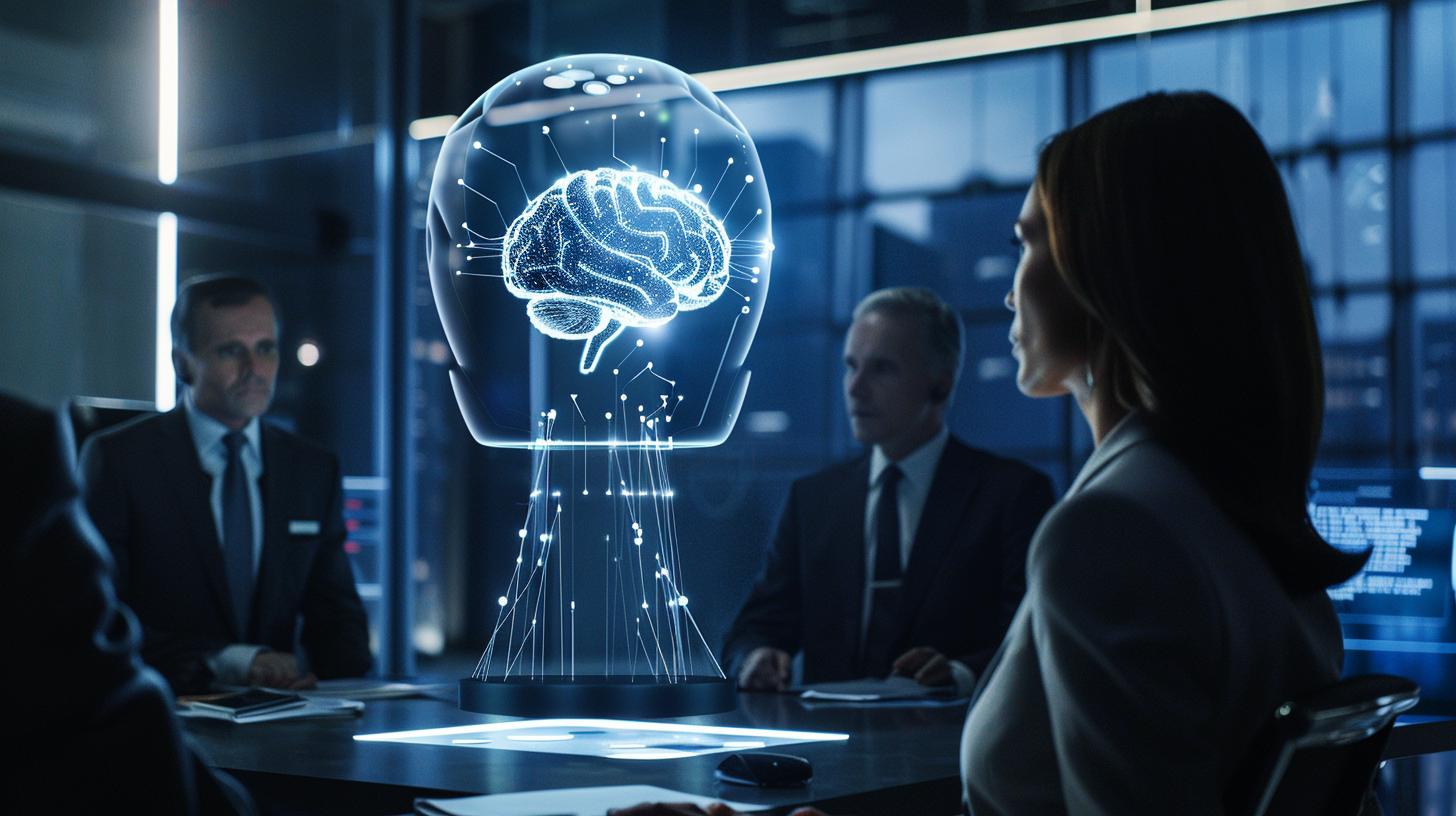 Business professionals in a meeting with a holographic brain projection in a high-tech office environment.