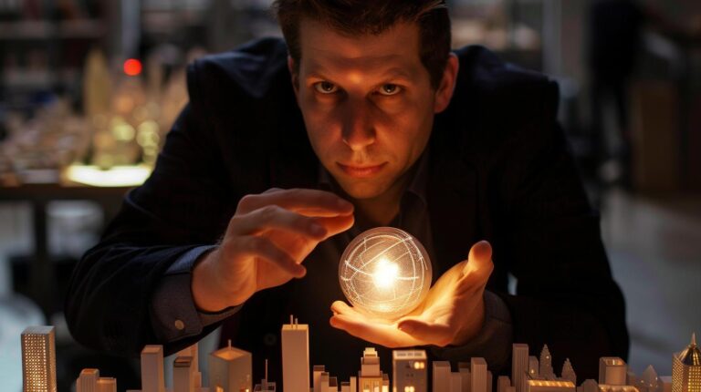 Businessman holding illuminated globe over miniature cityscape at night