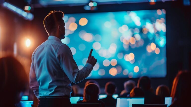 Businessman giving a presentation at a conference with audience in attendance