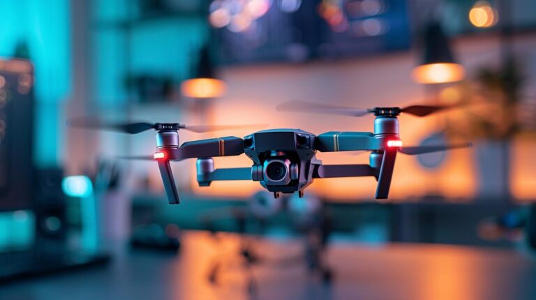 Camera drone in flight with illuminated LED lights against a blurred modern office background.