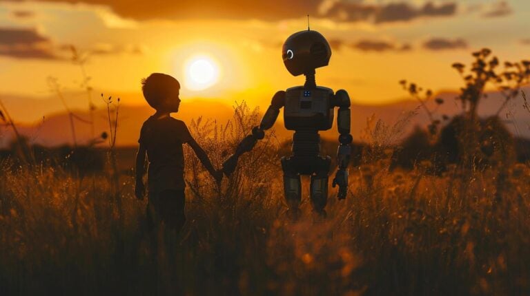 Child holding hands with robot in a field at sunset.