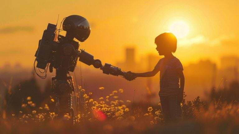 Child and robot shaking hands at sunset in a field of flowers with city skyline in the background.