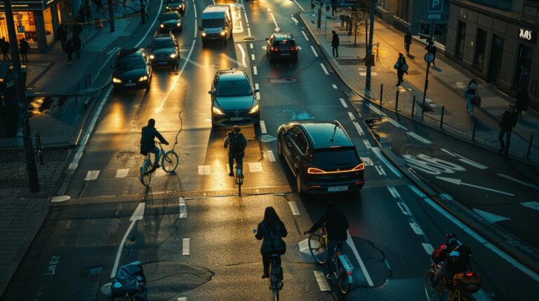 City street at dusk with cars and cyclists during rush hour traffic.