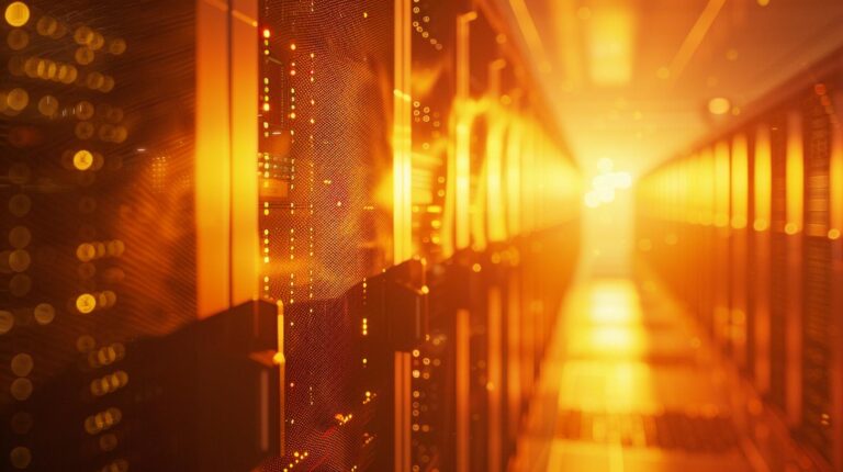 Close-up of a server room with glowing orange lights indicating data processing activity.