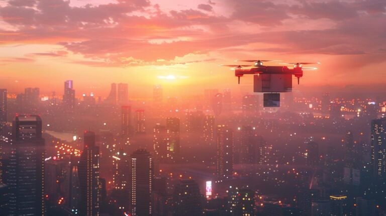 Delivery drone flying over a city during a hazy sunset with illuminated skyscrapers.