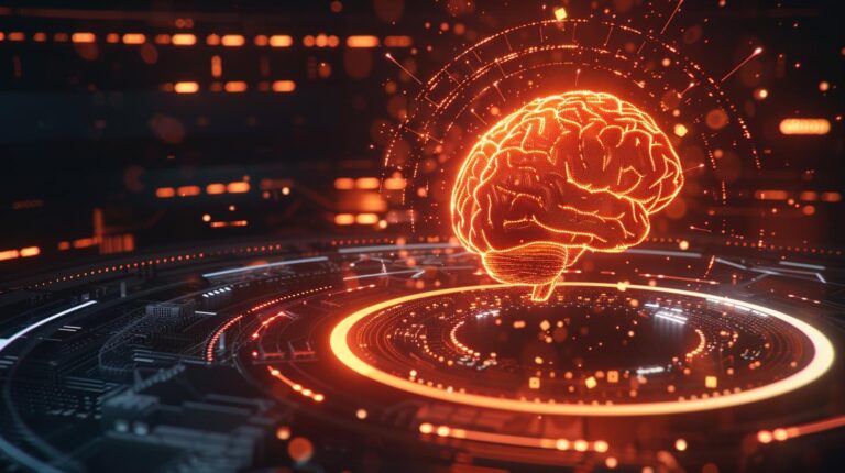 Digital brain concept with glowing neural network in futuristic technology background