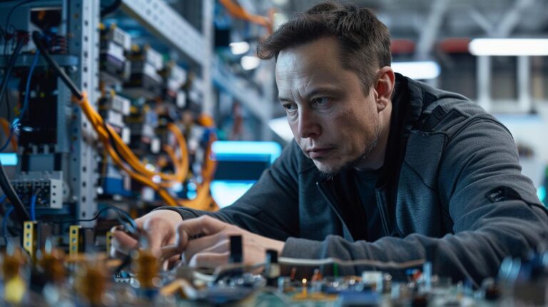 Engineer working on electronics in a high-tech lab environment.