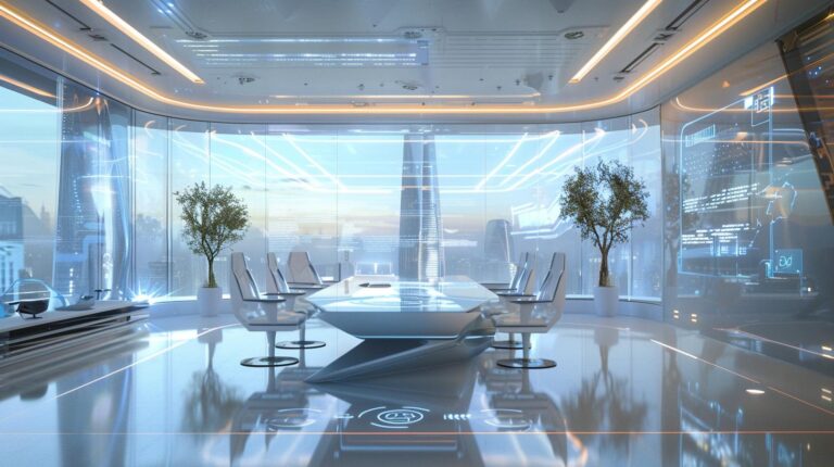 Futuristic conference room with holographic displays, modern chairs, and city skyline view.