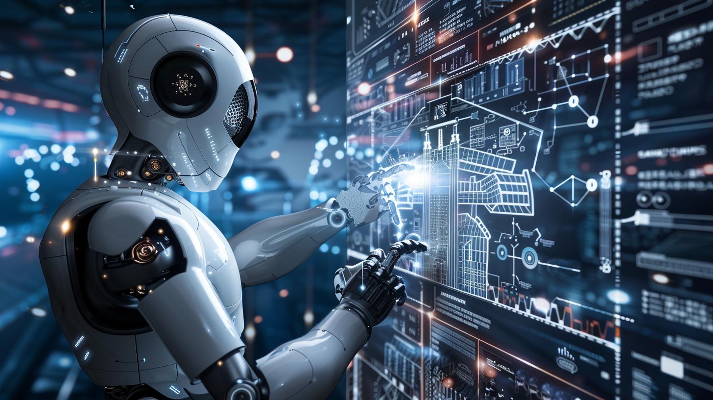 Futuristic robot analyzing data on holographic interface with digital graphs and network connections
