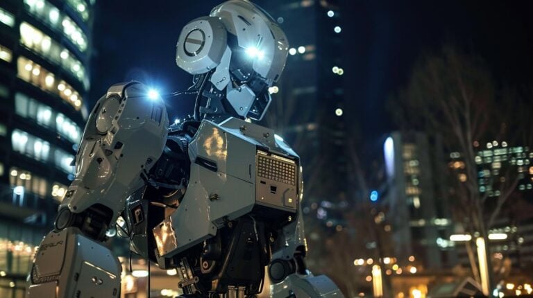 Futuristic robot patrolling at night in an urban environment with illuminated buildings in the background.