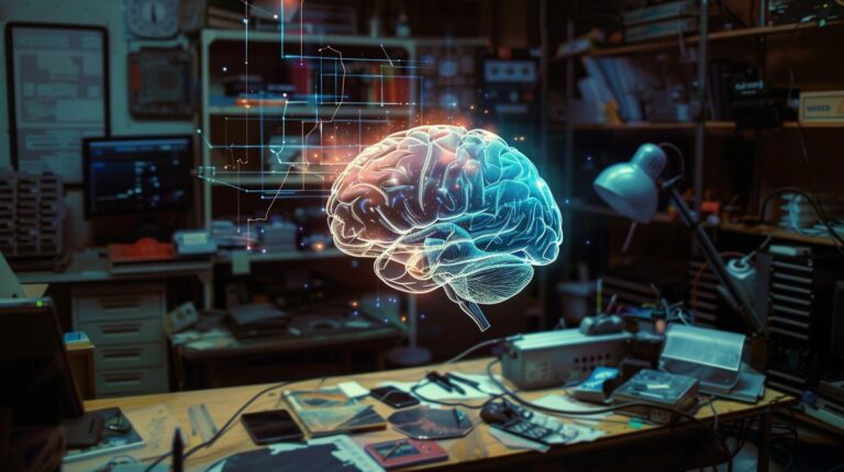 Digitally enhanced image of a glowing brain hologram floating above a cluttered workspace with electronic equipment and devices.