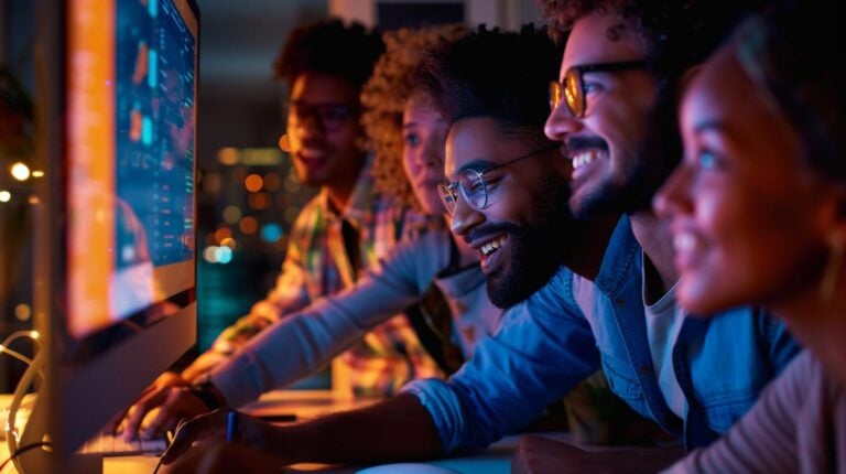 Group of young people using a computer and having fun in a tech-enabled environment at night