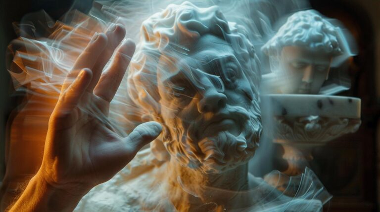 Hand reaching out to a classical sculpture shrouded in smoke.