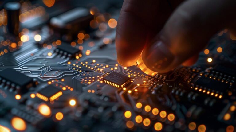 Close-up of a hand troubleshooting a computer motherboard with illuminated electronic circuits and components.