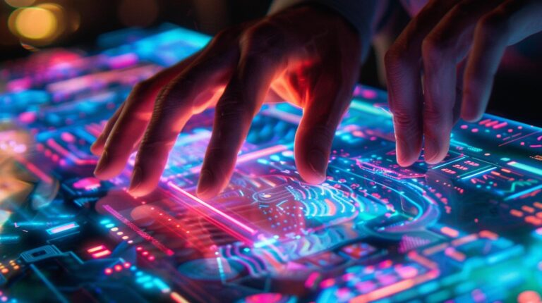 Close-up of hands interacting with a futuristic touchscreen interface with glowing neon lights and circuit patterns.