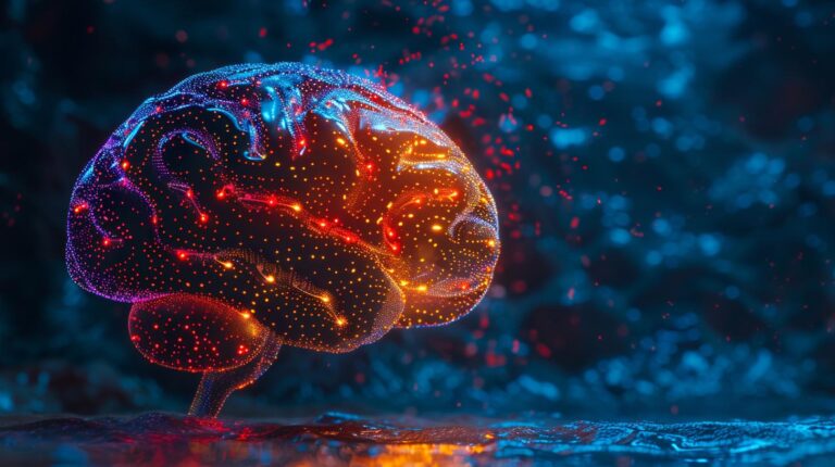 Illuminated digital brain concept with glowing neural network on dark background
