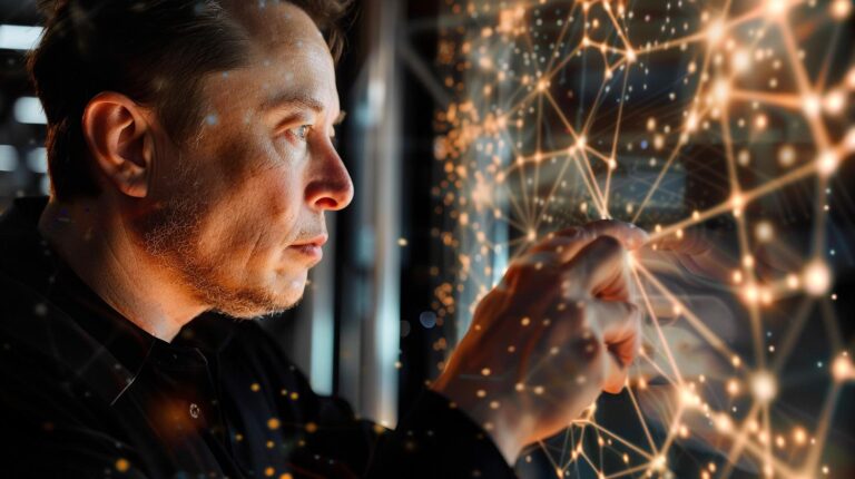 Man observing and interacting with digital network visualization concept.