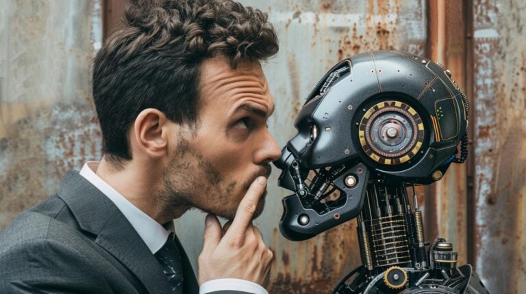 Man in business attire having a close encounter with a humanoid robot against a metallic background.
