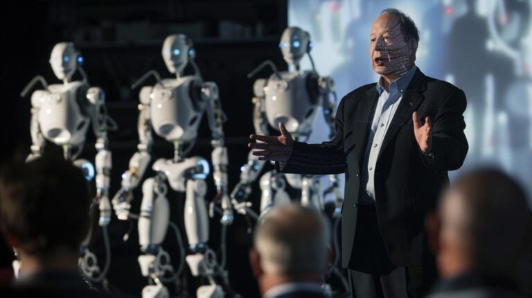 Man presenting at a robotics conference with humanoid robots in the background.
