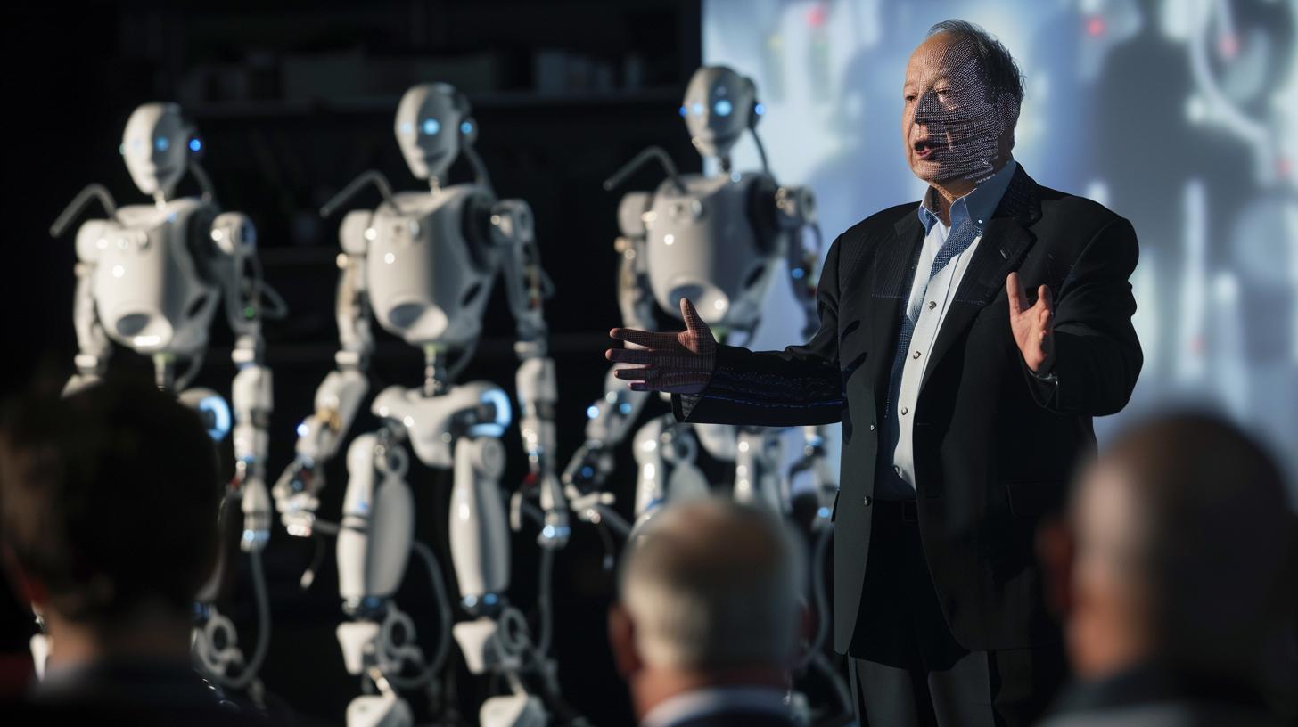 Man presenting at a robotics conference with humanoid robots in the background.