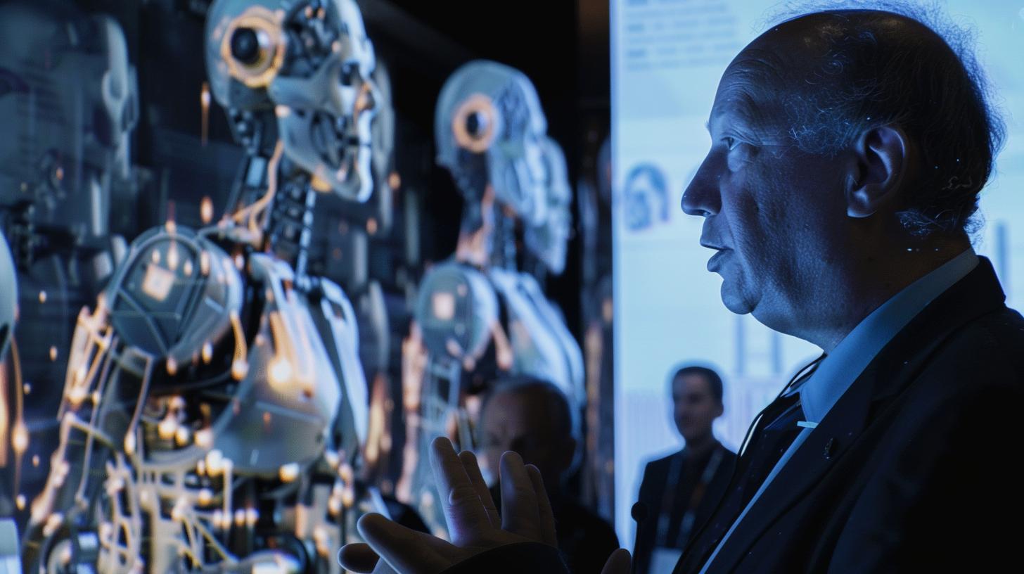 Man presenting robotics exhibition with humanoid robots in the background.