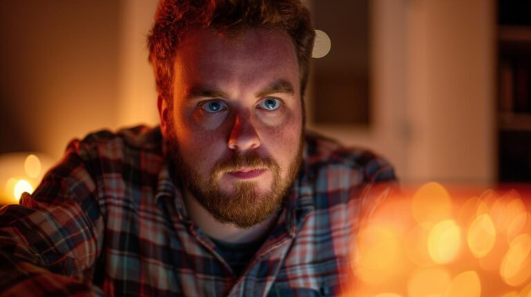 Man staring intently at a screen in a dimly lit room with warm bokeh lights