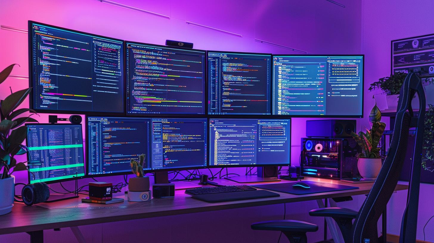 Modern multi-monitor computer setup with code on screens in a room with neon lighting.