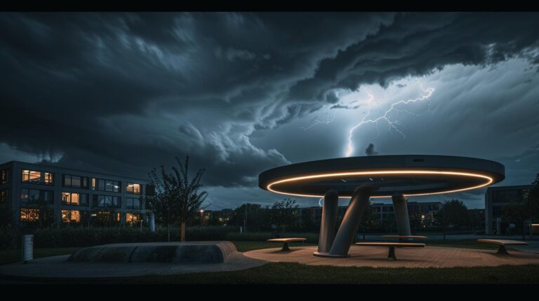 Modern urban park with futuristic circular shelter and lightning strike in stormy evening sky.