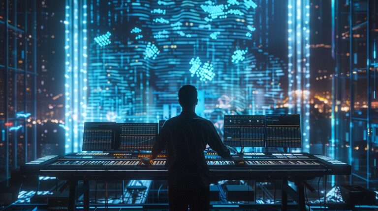 Music producer in front of synthesizers with futuristic neon cityscape background