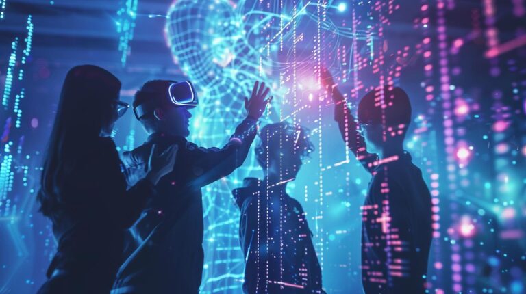 People experiencing virtual reality with futuristic digital graphics surrounding them