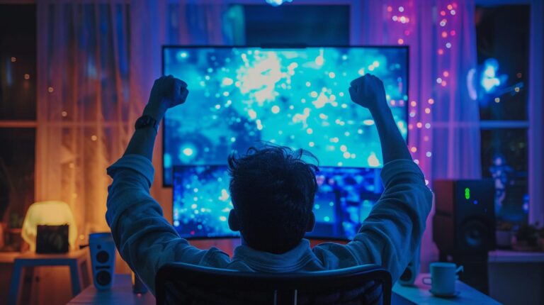 Person celebrating in front of a large illuminated screen in a dark room with mood lighting
