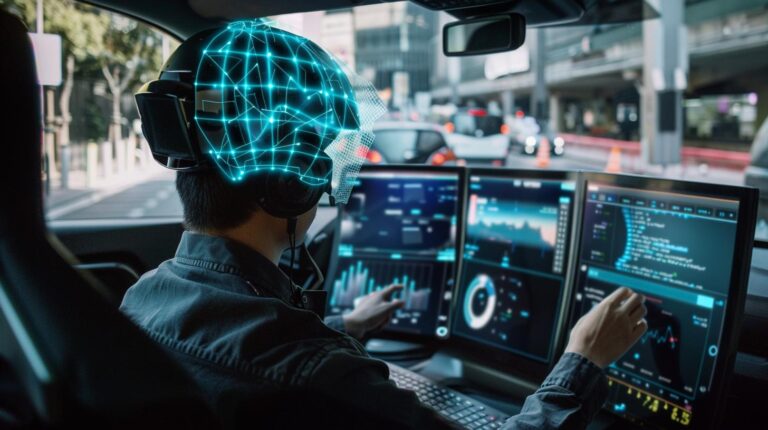 Person in vehicle with futuristic brainwave-reading helmet and multiple computer screens displaying data analytics.