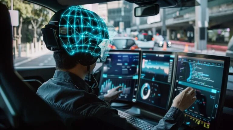 Person in vehicle with futuristic brainwave-reading helmet and multiple computer screens displaying data analytics.