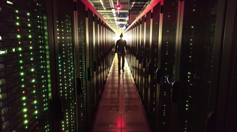 Person walking down the aisle between server racks in a data center.